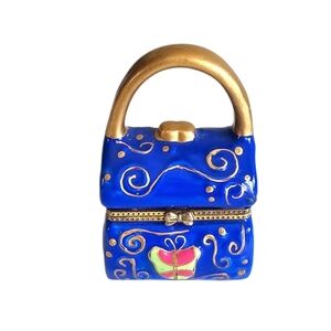 Vintage Enamelware Trinket Box Purse Hinged Gold Trim